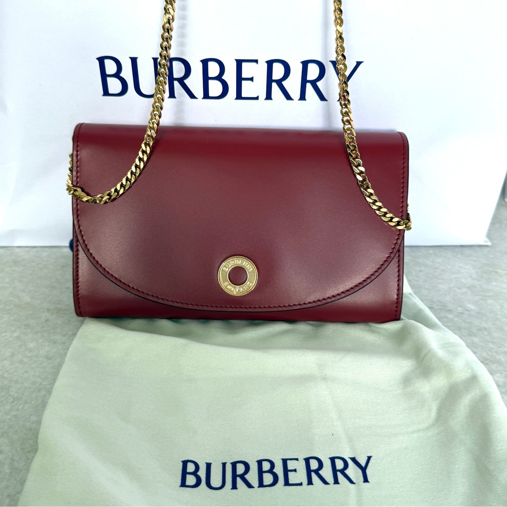 Burberry Hannah Burgundy Leather Chain Shoulder Bag Gold Hardware Logo Flap